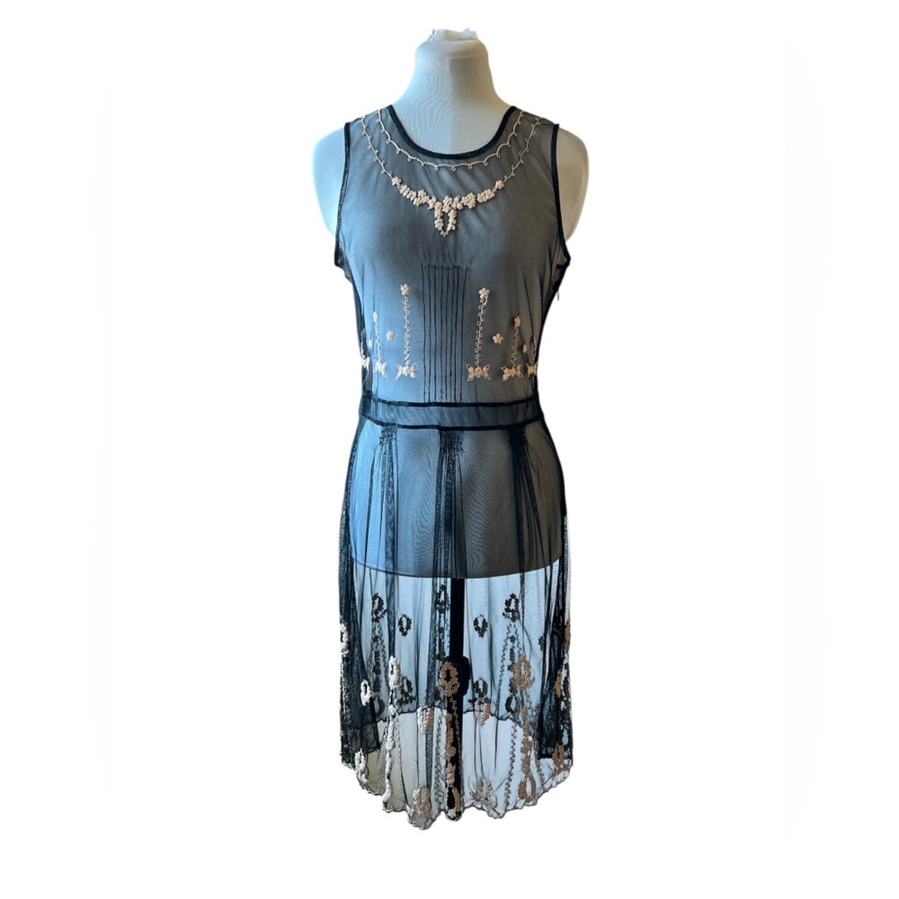 Elegant Sheer Black and Cream Embroidered Dress S/M